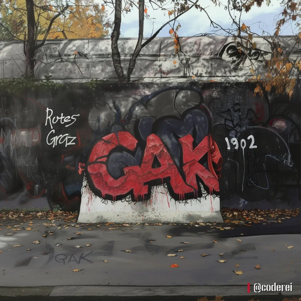 Roter 3D-Schriftzug „GAK“ mit „1902“ als Graffiti auf einer Betonmauer im Park mit Herbstlaub.