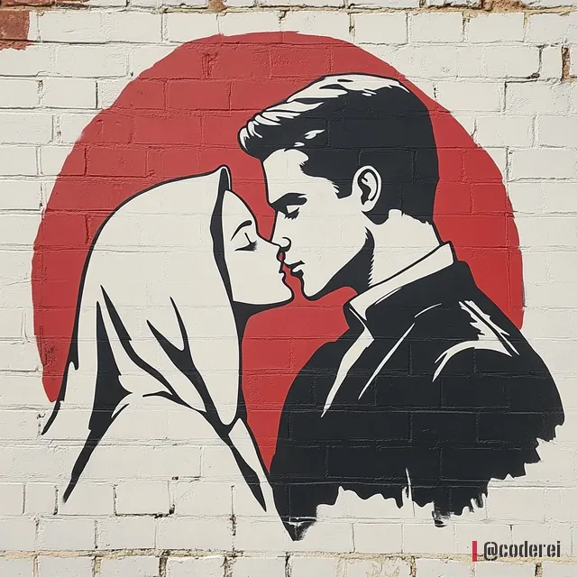 Comic-Illustration eines küssenden Paares vor einem roten Kreis, die Frau mit hellem Kopftuch, auf einer Ziegelwand.