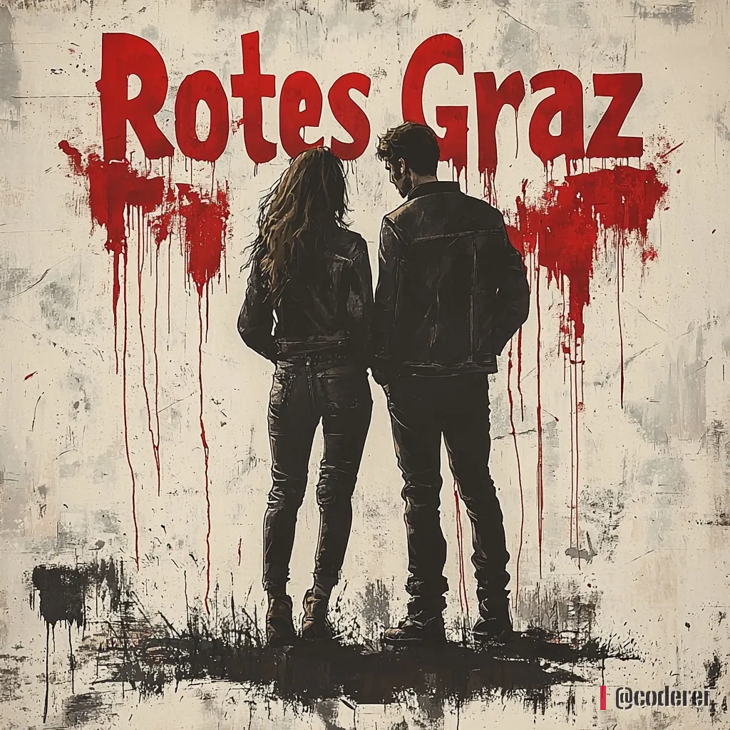 Ein Paar von hinten, Arm in Arm, vor cremefarbener Wand, darüber der rote tropfende Schriftzug „Rotes Graz“.