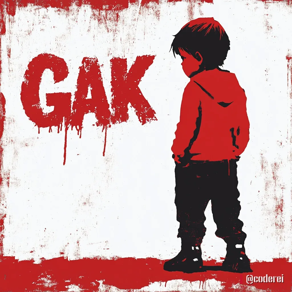 Kleiner Bub in roter Kapuzenjacke steht neben dem tropfenden roten Schriftzug „GAK“ an einer weißen Wand.