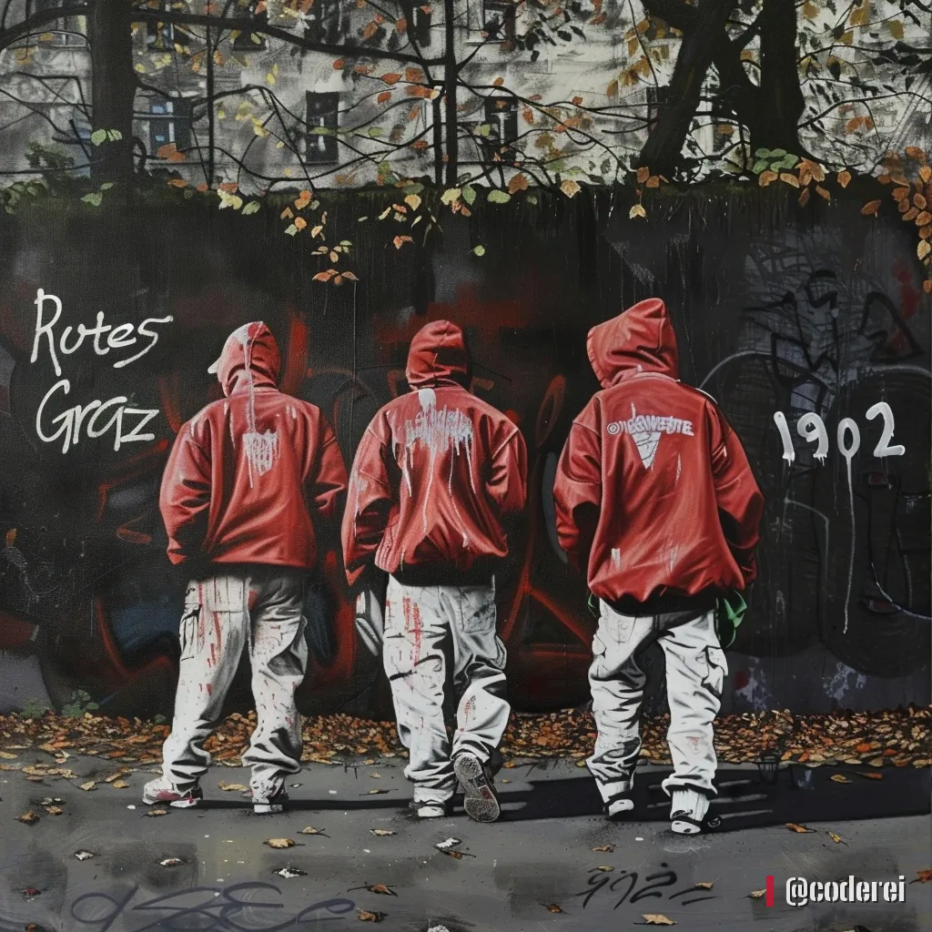 Drei Männer in roten Kapuzenjacken und weißen Hosen von hinten vor einer Graffitiwand mit „Rotes Graz“ und „1902“, Herbstlaub am Boden.