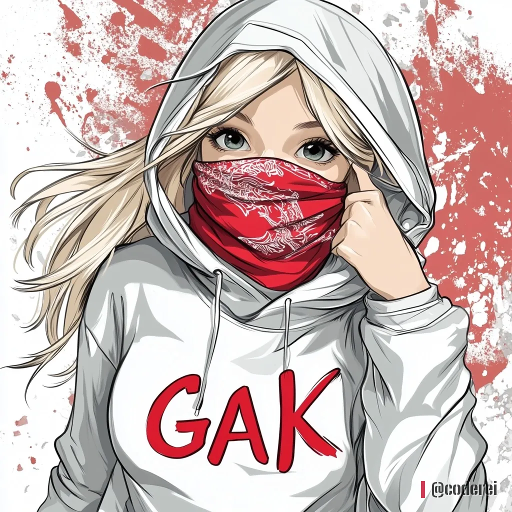 Anime-Mädchen mit blonden Haaren, weißer Kapuze und rotem Tuch vor dem Mund, auf dem Pullover „GAK“, rote Spritzer im Hintergrund.