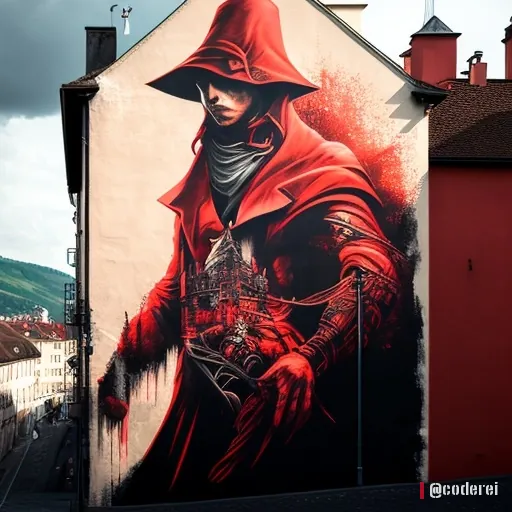 Rot gekleidete Gestalt mit großem Hut und Schal als riesiges Wandgemälde an der Fassade eines Hauses in einer Stadt.