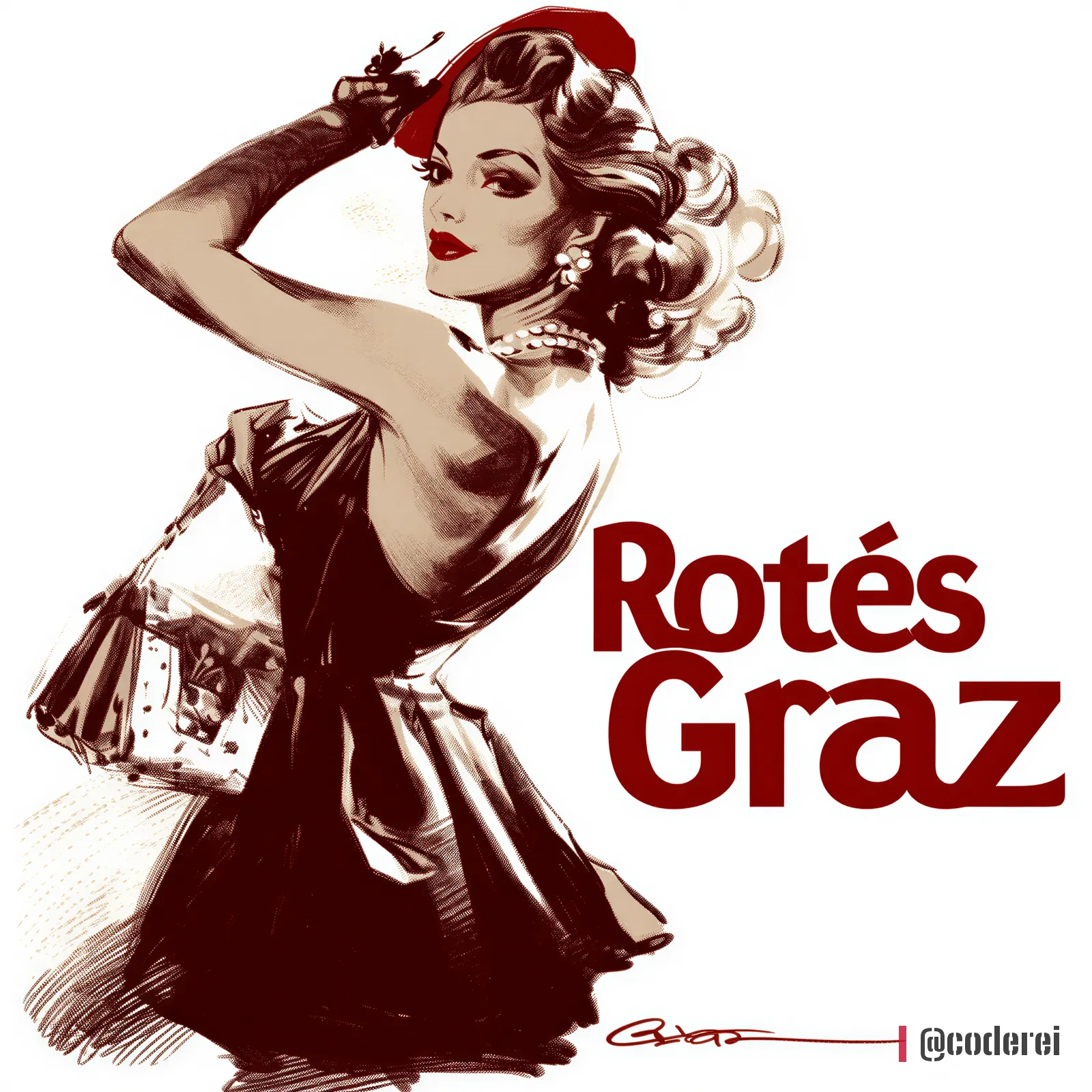 Gezeichnete Frau im Stil der 1950er in einem dunkelroten Kleid mit Hut und Handtasche, daneben „Rotés Graz“.