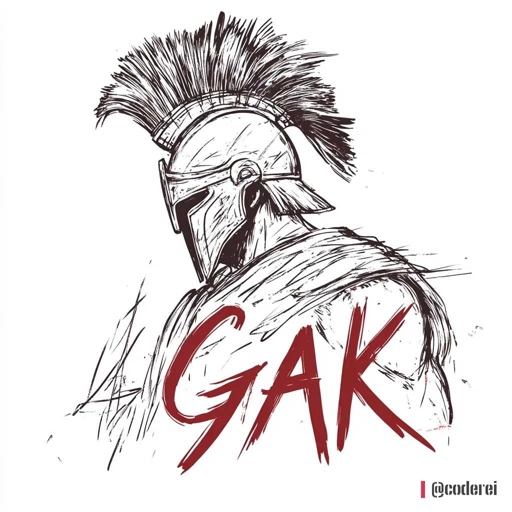 Federzeichnung eines Kriegers im Helm mit Federbusch im Profil, davor roter Pinselschriftzug „GAK“ auf weißem Grund.