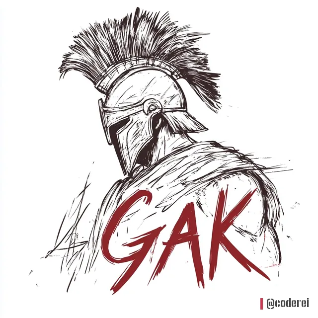 Federzeichnung eines Kriegers im Helm mit Federbusch im Profil, davor roter Pinselschriftzug „GAK“ auf weißem Grund.