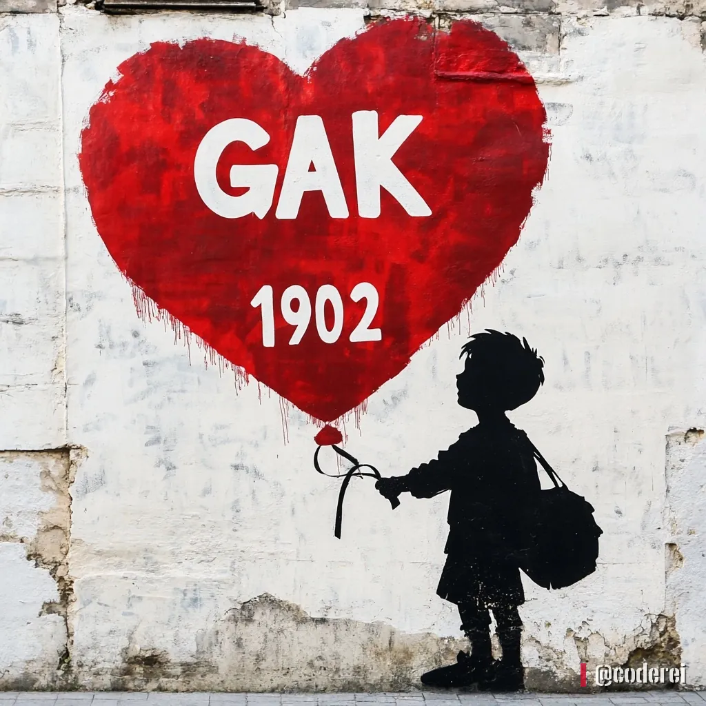 Schwarze Silhouette eines Buben mit Schultasche, der einen Herzballon mit „GAK 1902“ an einer Schnur hält, vor weißer Wand.