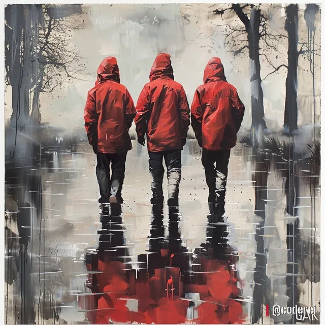 Drei Gestalten in roten Kapuzenjacken gehen im Regen durch einen Park, das Rot spiegelt sich im nassen Boden.