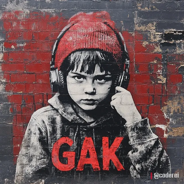 Gemalter Bub mit roter Mütze und Kopfhörern vor einer Ziegelwand, davor der rote Schriftzug „GAK“.