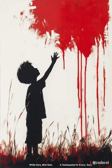 Schwarze Silhouette eines Buben im Gras, der die Hand nach einer roten, tropfenden Farbfläche am oberen Bildrand ausstreckt.