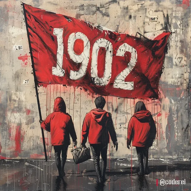 Drei Gestalten in roten Kapuzenjacken gehen von hinten auf eine große rote Fahne mit „1902“ zu, vor grauer, tropfender Wand.