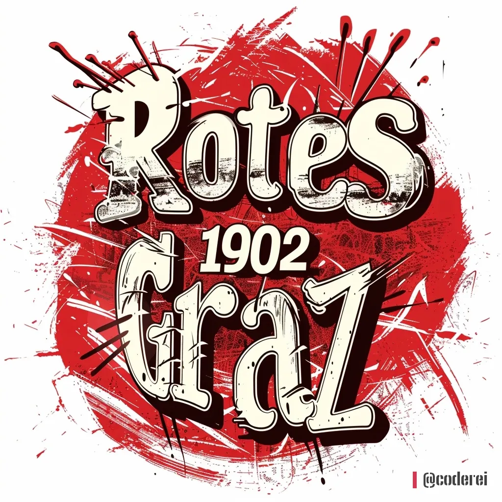 Cremefarbener Schriftzug „Rotes 1902 Graz“ in Comicschrift auf einem roten Farbfleck mit Spritzern.