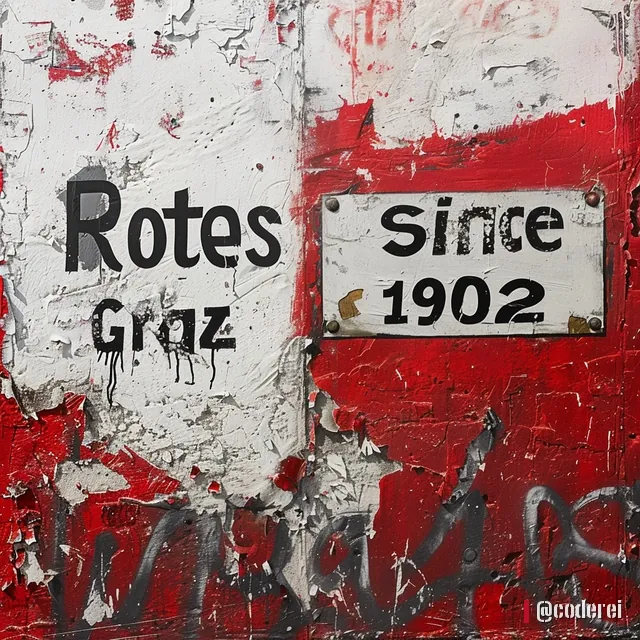 Schriftzug „Rotes Graz“ und ein Schild mit „Since 1902“ an einer abgeblätterten roten und weißen Wand.