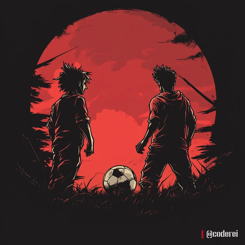 Schwarze Silhouetten zweier Jugendlicher mit Fußball vor einer großen roten Sonne auf dunklem Grund.