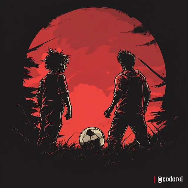 Schwarze Silhouetten zweier Jugendlicher mit Fußball vor einer großen roten Sonne auf dunklem Grund.