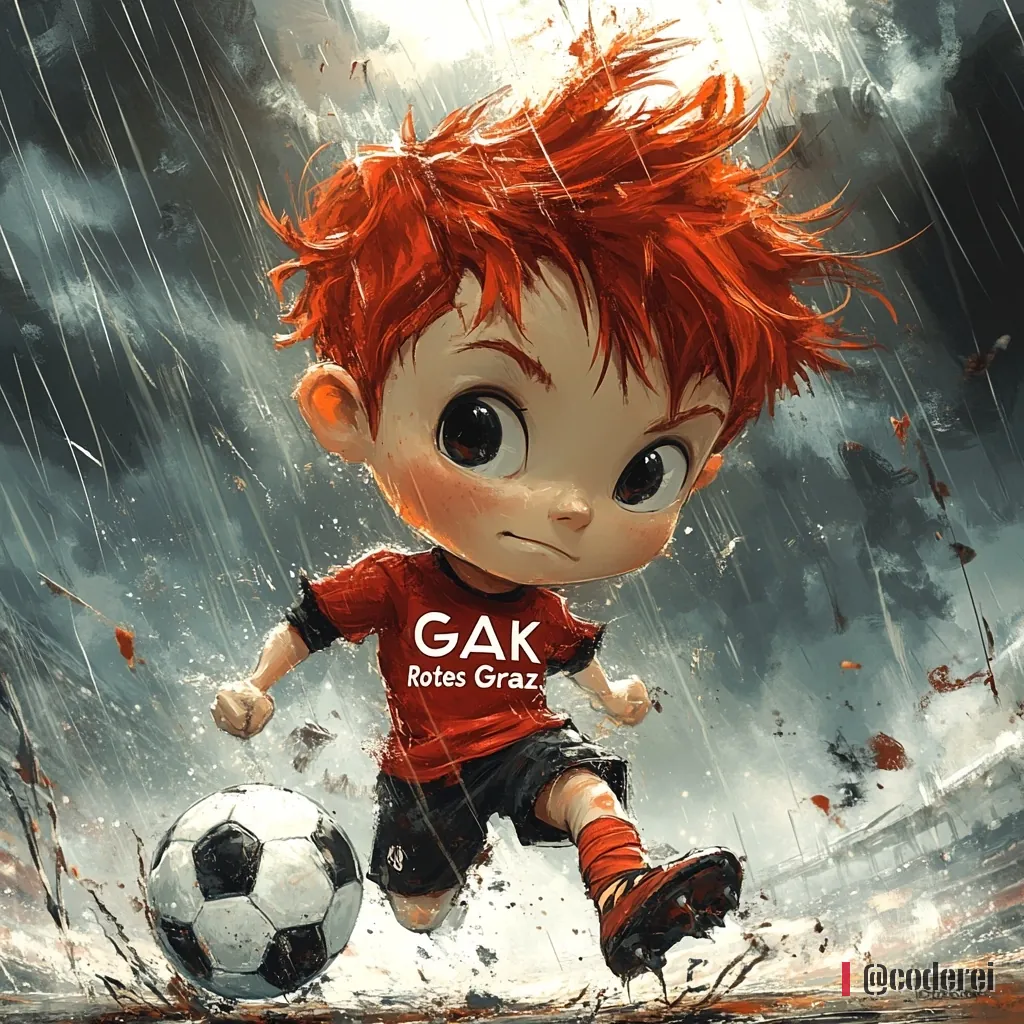 Comic-Bub mit roten Haaren im rot-schwarzen Trikot mit „GAK Rotes Graz“ schießt bei Regen und Sturm einen Fußball.