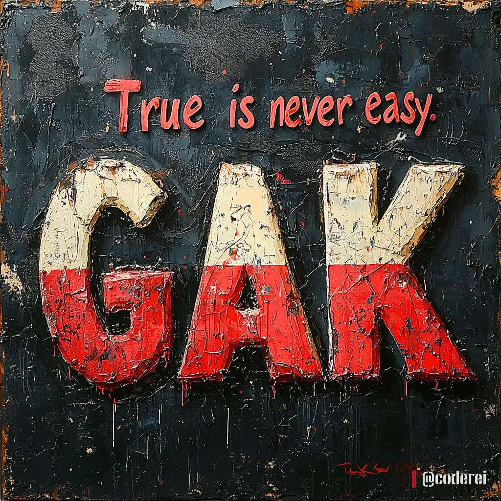 Schriftzug „GAK“ in dicken, rissigen Buchstaben, oben weiß, unten rot, auf dunklem Grund, darüber „True is never easy“.