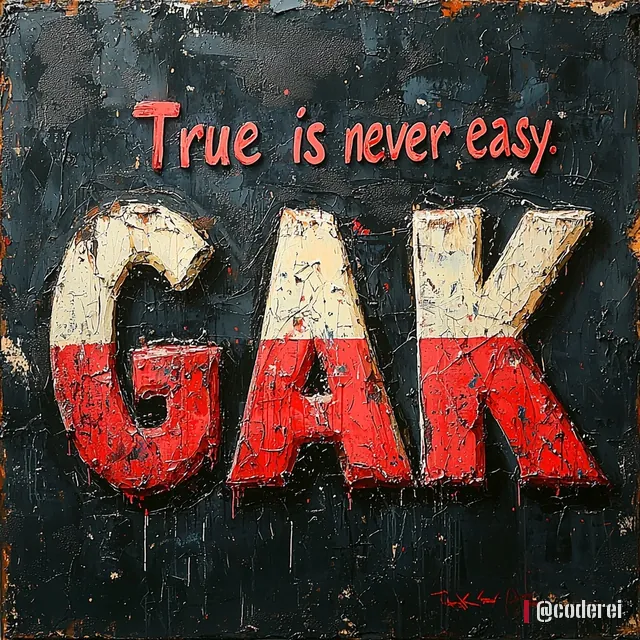 Schriftzug „GAK“ in dicken, rissigen Buchstaben, oben weiß, unten rot, auf dunklem Grund, darüber „True is never easy“.