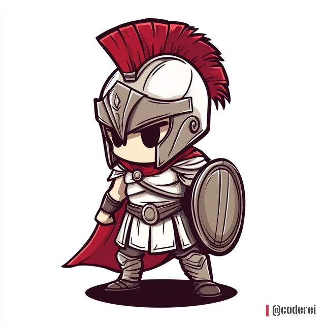 Chibi-Krieger mit Helm, rotem Federbusch, Umhang, Schild und Schwert auf weißem Grund.