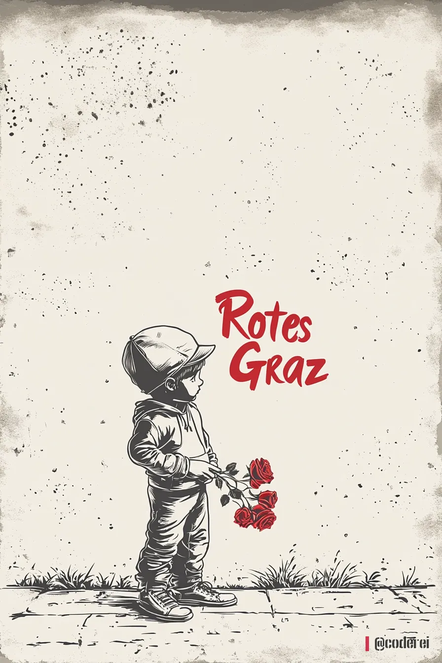 Bleistiftzeichnung eines Buben mit Mütze, der rote Rosen hält, darüber der Schriftzug „Rotes Graz“.