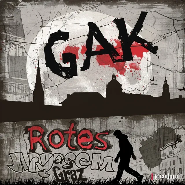 Große schwarze Buchstaben „GAK“ vor hellem Mond über der Silhouette einer Stadt, darunter „Rotes Graz“ und ein Mann, der nach rechts geht.