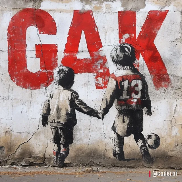 Gemalte Kinder gehen Hand in Hand und mit Fußball vor einem riesigen roten Schriftzug „GAK“, ein Kind trägt die Nummer 13.