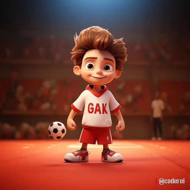 3D-Comic-Bub in weißem Trikot mit „GAK“ und roten Schuhen steht mit einem Ball auf rotem Hallenboden vor einer Tribüne.