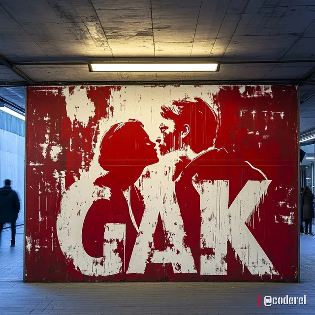 Große rote Wandmalerei mit weißem Schriftzug „GAK“ in einer Unterführung, dahinter ein Paar im Kuss als Silhouette, links geht eine Person vorbei.