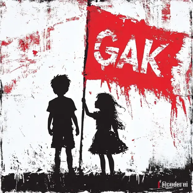 Schattenrisse eines Buben und eines Mädchens, die gemeinsam eine rote Fahne mit „GAK“ halten, weißer Grund mit roten Spritzern.