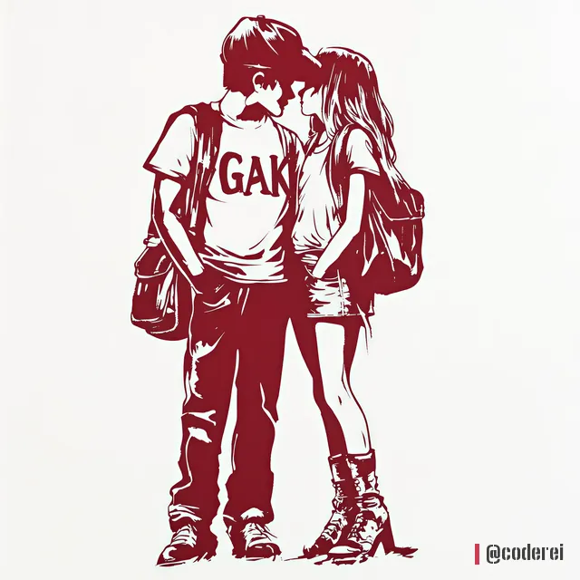 Dunkelrote Schablonen-Illustration: ein Pärchen mit Rucksäcken küsst sich, auf dem T-Shirt des Jungen steht „GAK“.