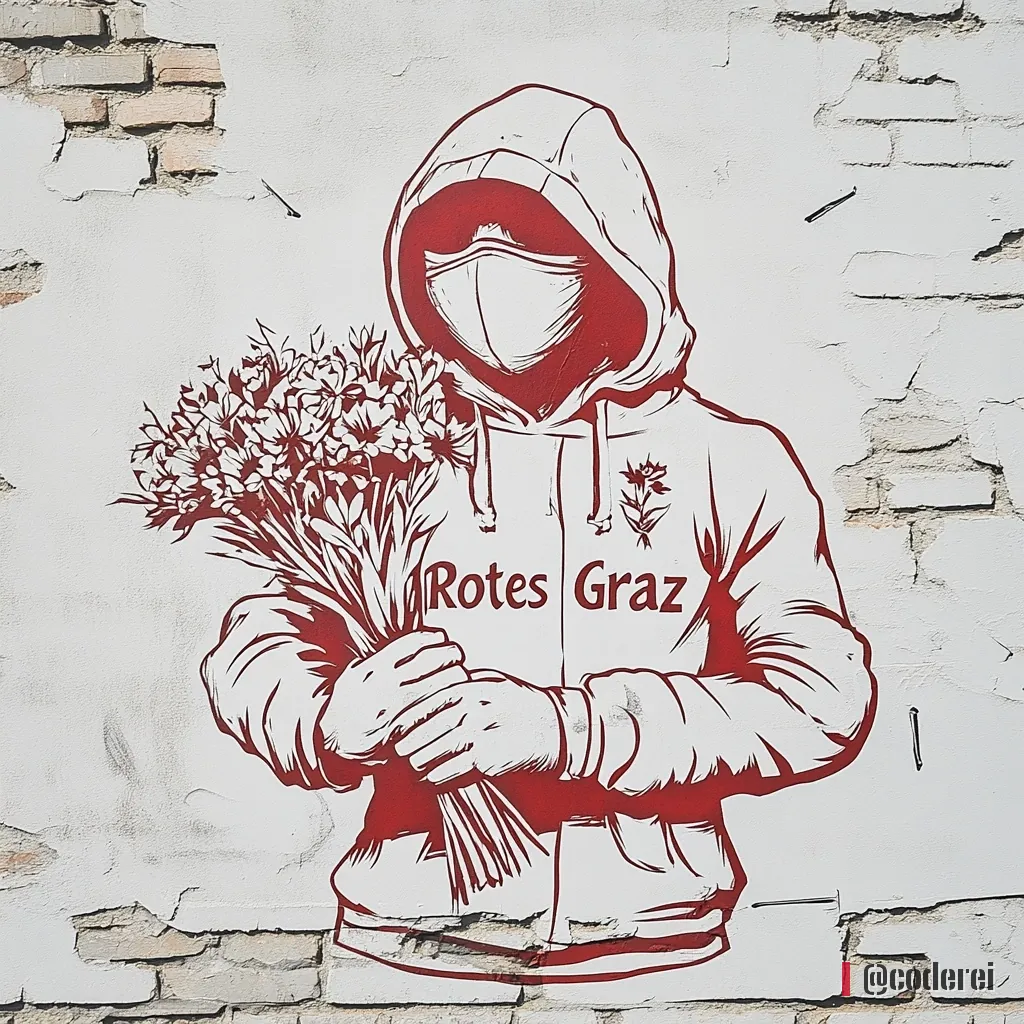 Figur mit roter Kapuze und weißer Maske hält einen Blumenstrauß, auf dem Pulli „Rotes Graz“, vor heller Ziegelwand.