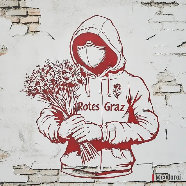 Figur mit roter Kapuze und weißer Maske hält einen Blumenstrauß, auf dem Pulli „Rotes Graz“, vor heller Ziegelwand.