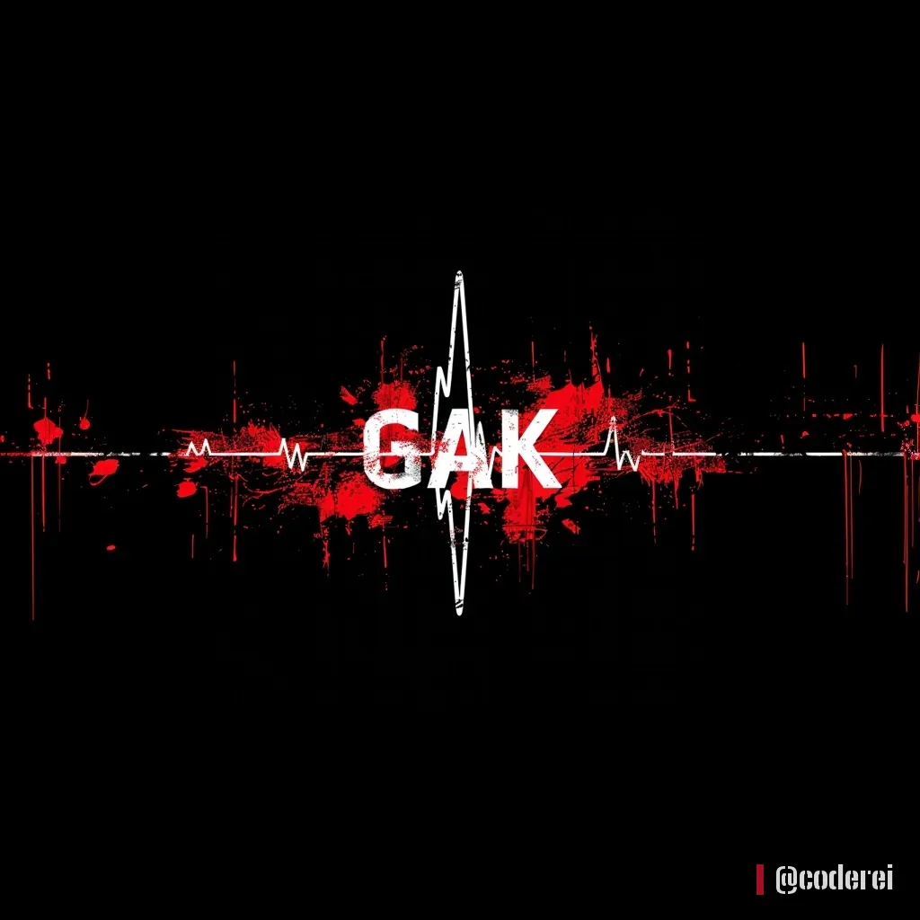 Roter Schriftzug „GAK“ in der Mitte einer weißen Herzschlag-Linie auf Schwarz, mit roten Spritzern.