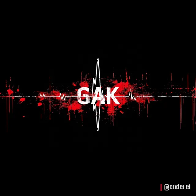 Roter Schriftzug „GAK“ in der Mitte einer weißen Herzschlag-Linie auf Schwarz, mit roten Spritzern.