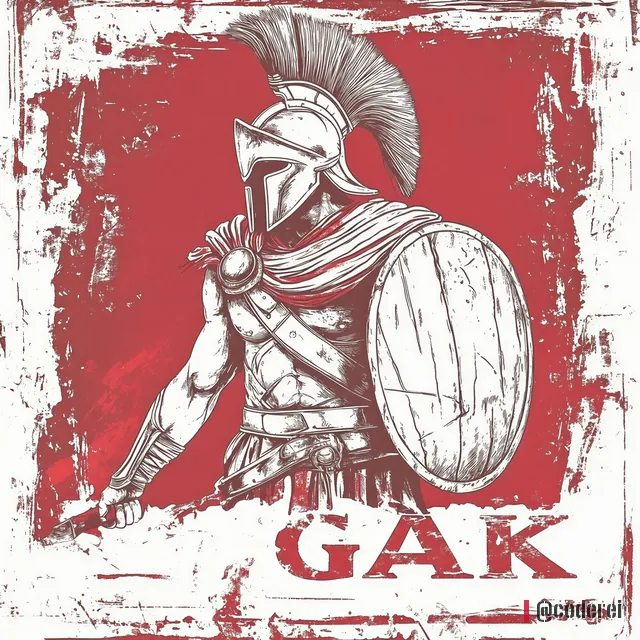 Zeichnung eines Spartaners mit Helm und rundem Schild vor einer roten Fläche mit „GAK“ darunter.