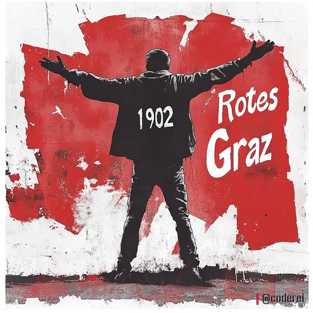 Mann von hinten mit ausgebreiteten Armen in Jacke mit „1902“ vor einer roten Farbfläche mit „Rotes Graz“.