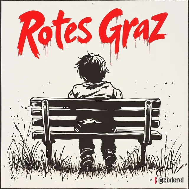 Schablonen-Bild eines Buben, der von hinten auf einer Parkbank im Gras sitzt, über ihm der rote Schriftzug „Rotes Graz“.