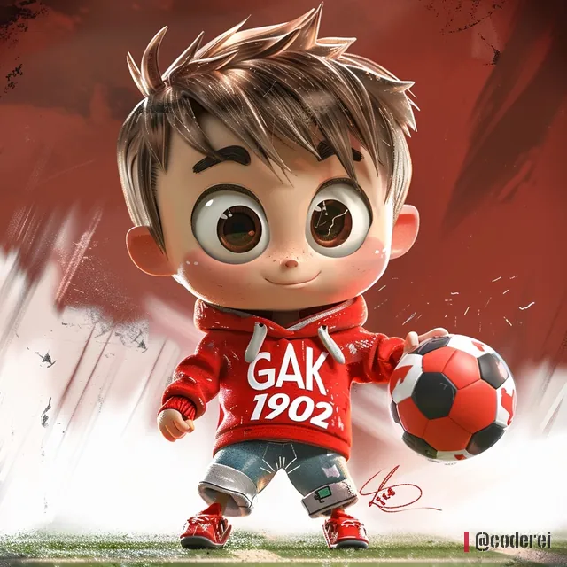 Comic-Bub im roten Hoodie mit „GAK 1902“ hält lächelnd einen rot-schwarzen Fußball unter dem Arm, auf rotem Grund.