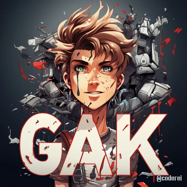 Anime-Junge mit braunen Haaren, mit Maschinenteilen im Hintergrund und dem weißen Schriftzug „GAK“ im Vordergrund.