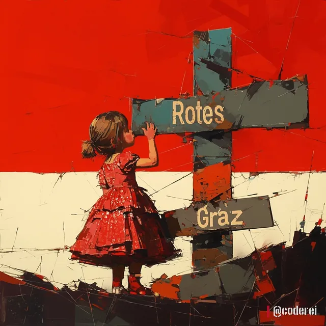 Gemaltes Mädchen im roten Kleid steht vor einem Wegweiser aus Holz mit den Schildern „Rotes“ und „Graz“ vor rotem und weißem Hintergrund.