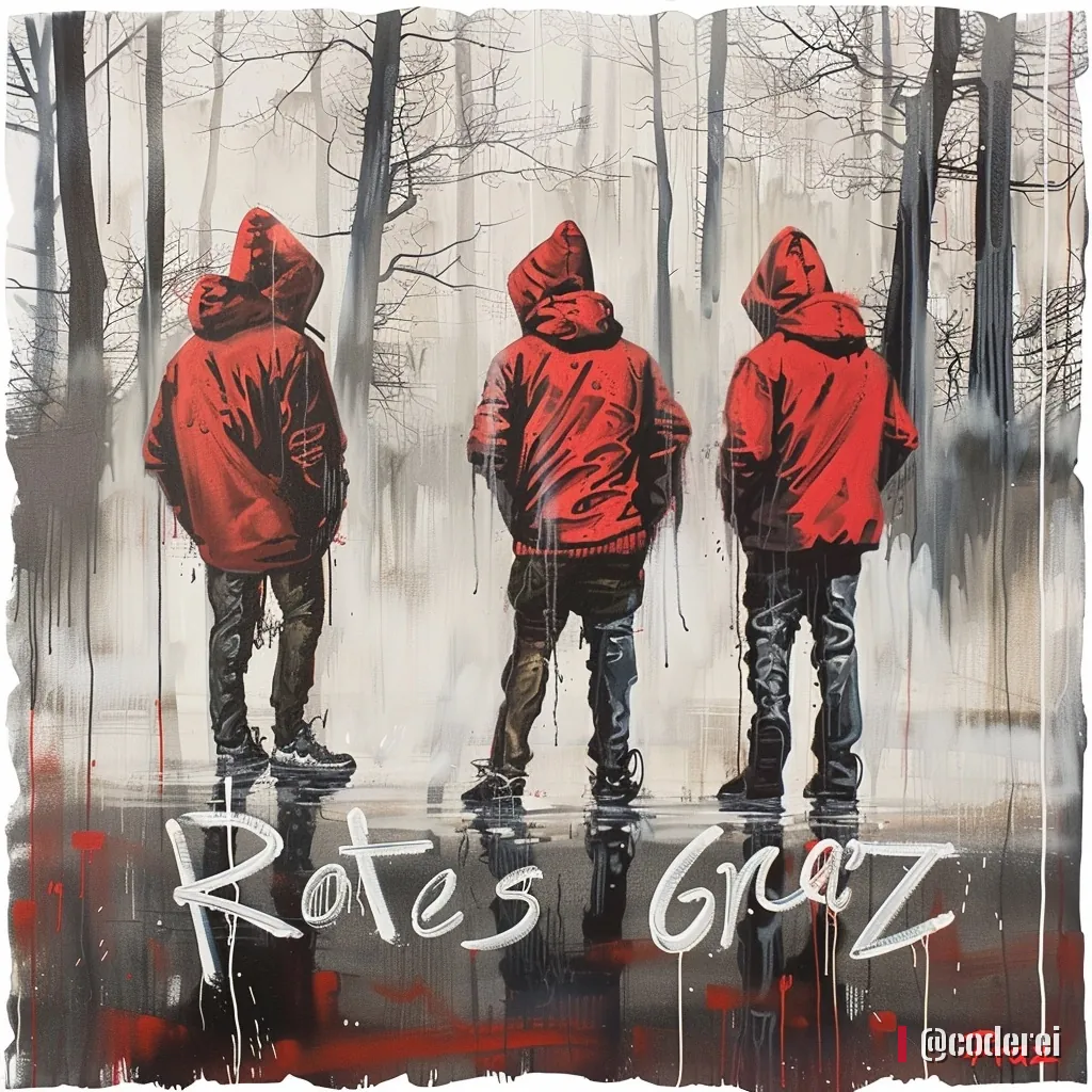 Drei Personen in roten Kapuzenjacken von hinten im Regen, am Boden spiegelt sich der Schriftzug „Rotes Graz“.
