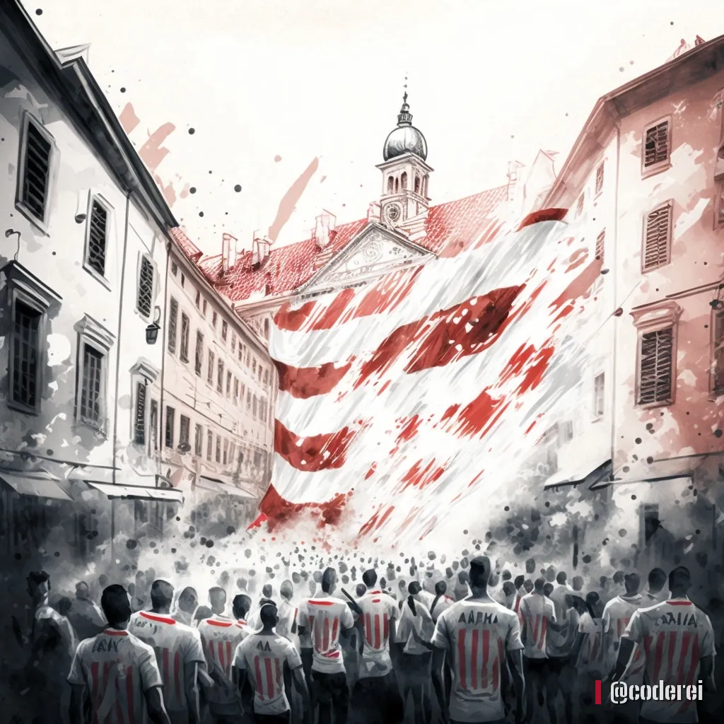Aquarellartige Straße in einer Altstadt, über der eine rot-weiße Fahne weht, unten jubelnde Fans in rot-weißen Trikots.