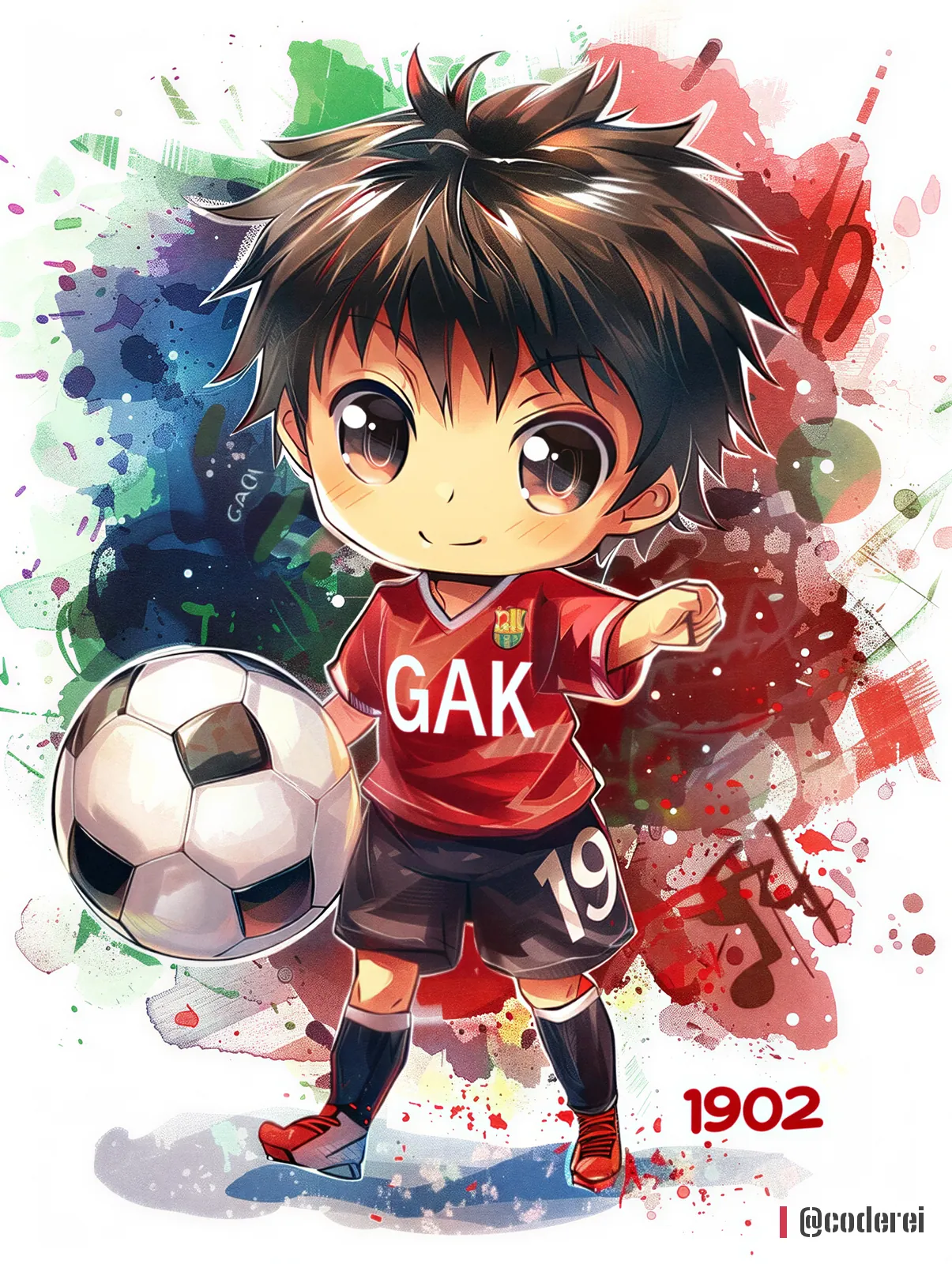 Comic-Bub im roten Trikot mit „GAK“ und der Nummer 19 hält einen Ball, bunte Farbspritzer im Hintergrund.