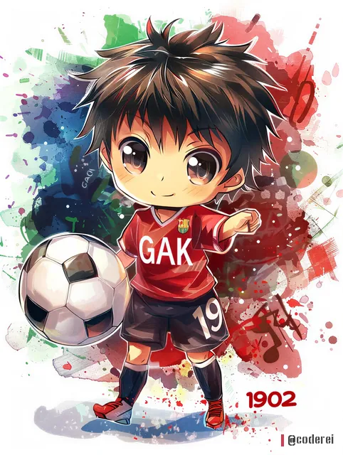 Comic-Bub im roten Trikot mit „GAK“ und der Nummer 19 hält einen Ball, bunte Farbspritzer im Hintergrund.