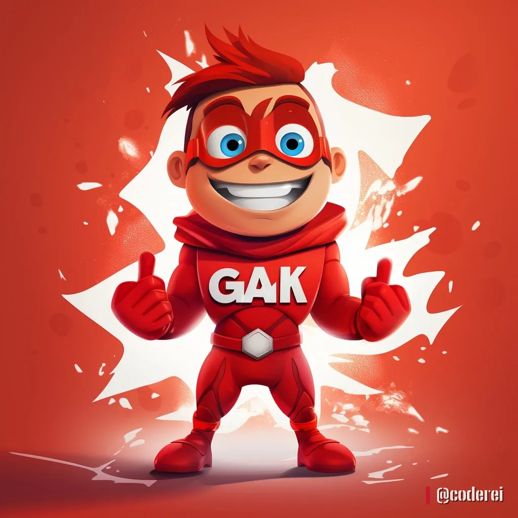 Lächelnder Comic-Superheld mit roter Maske, rotem Anzug und „GAK“ auf der Brust, die Daumen nach oben, vor rotem Grund.