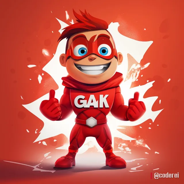 Lächelnder Comic-Superheld mit roter Maske, rotem Anzug und „GAK“ auf der Brust, die Daumen nach oben, vor rotem Grund.