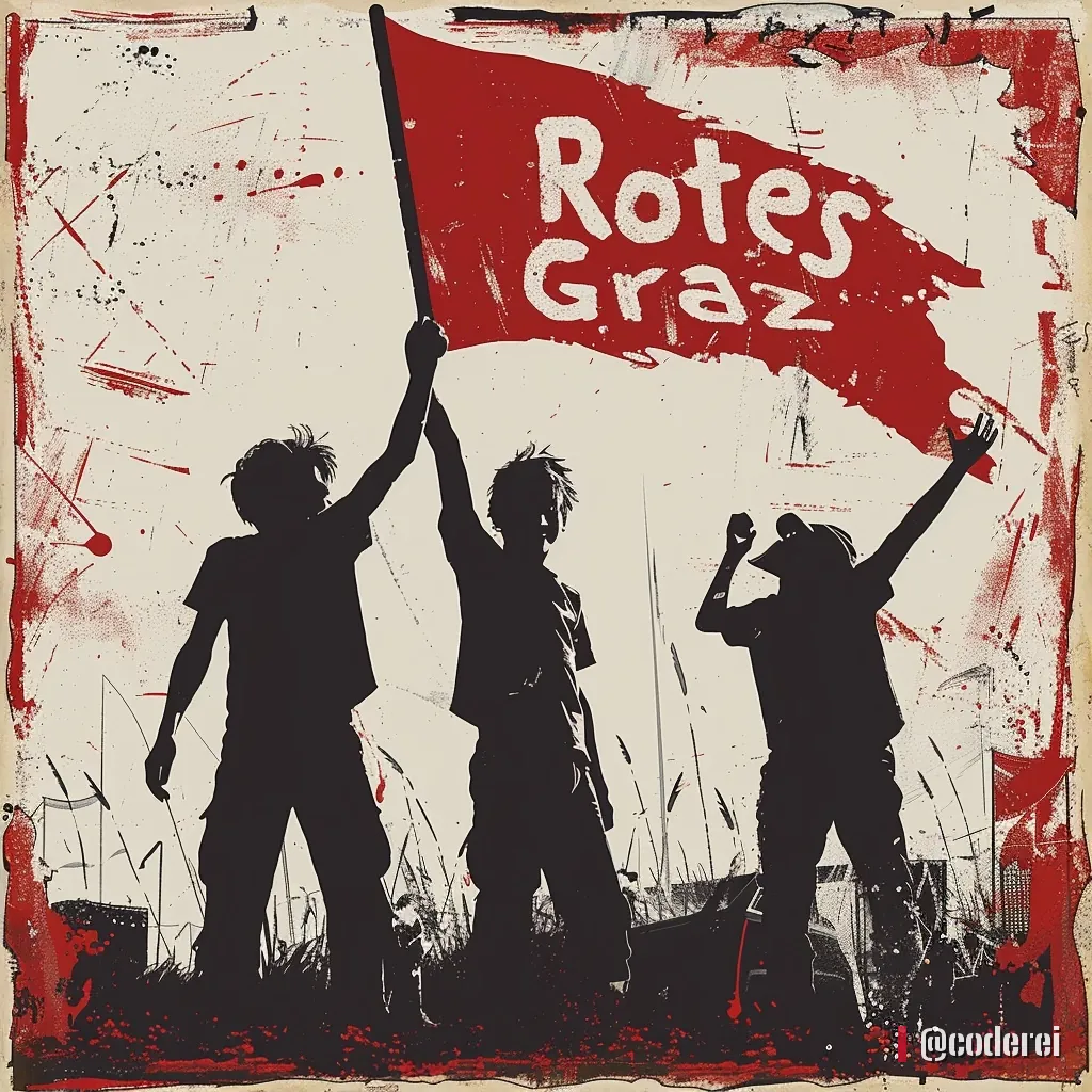Schattenrisse dreier jubelnder Fans, einer hält eine rote Fahne mit „Rotes Graz“, auf hellem Grund mit roten Spritzern.