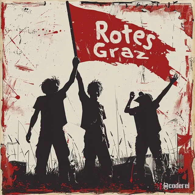 Schattenrisse dreier jubelnder Fans, einer hält eine rote Fahne mit „Rotes Graz“, auf hellem Grund mit roten Spritzern.