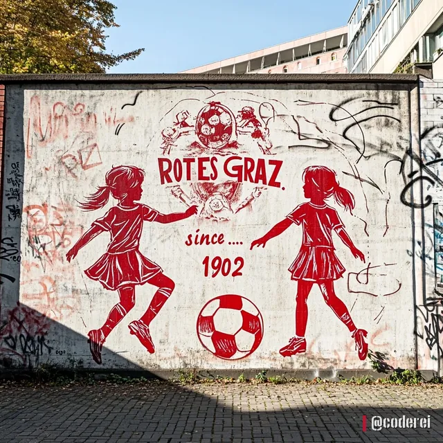 Rote Strichzeichnung zweier Mädchen mit einem Fußball unter „Rotes Graz since 1902“ an einer Betonmauer voller Graffiti.