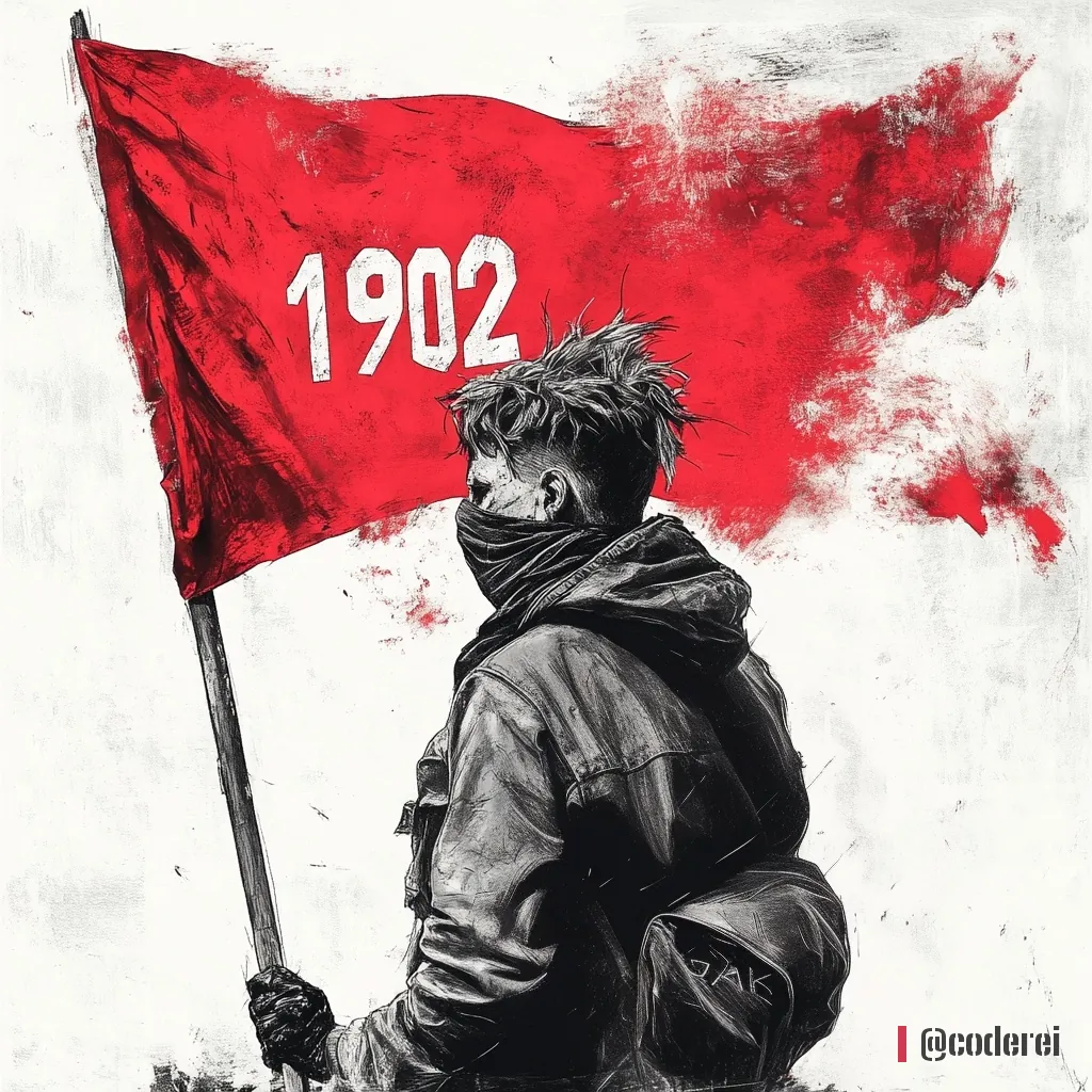Gemaltes Bild eines Jugendlichen mit Schal vor dem Gesicht und Rucksack, der eine rote Fahne mit „1902“ trägt.